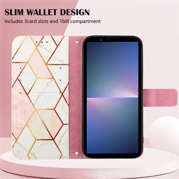 For Sony Xperia 5 V Case Leather Case with Shoulder Strap Marble Pattern Phone Stand Cover - Pink+White LS002