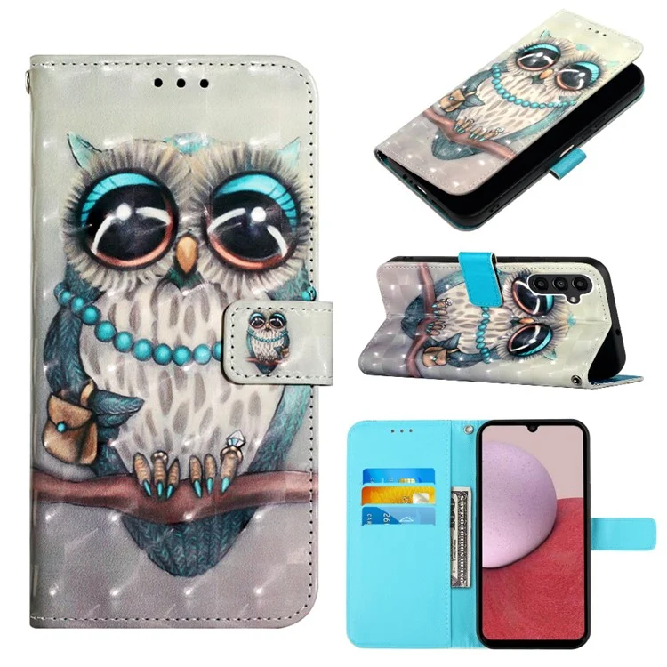 For Samsung Galaxy A05s 4G Leather Case 3D Pattern Printing Wallet Stand Mobile Cover with Strap - Grey Owl