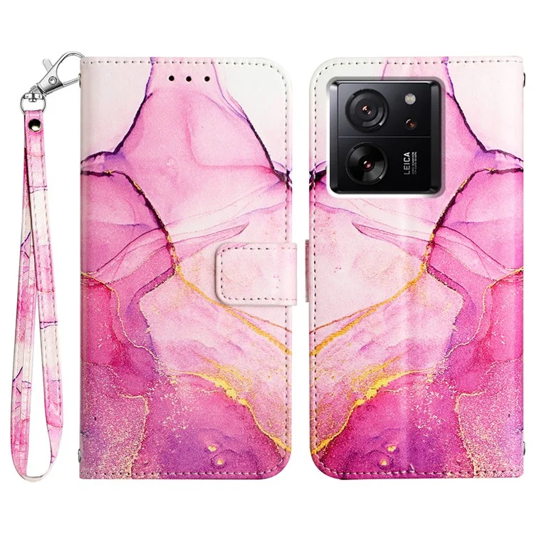 For Xiaomi 13T / 13T Pro / Redmi K60 Ultra Case with Strap Marble Pattern Leather Phone Cover Card Holder - Pink+Purple+Gold LS001