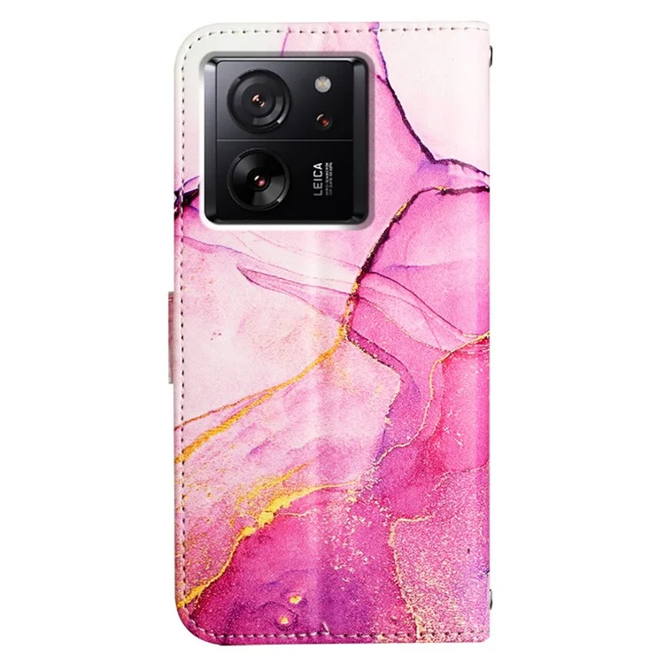 For Xiaomi 13T / 13T Pro / Redmi K60 Ultra Case with Strap Marble Pattern Leather Phone Cover Card Holder - Pink+Purple+Gold LS001