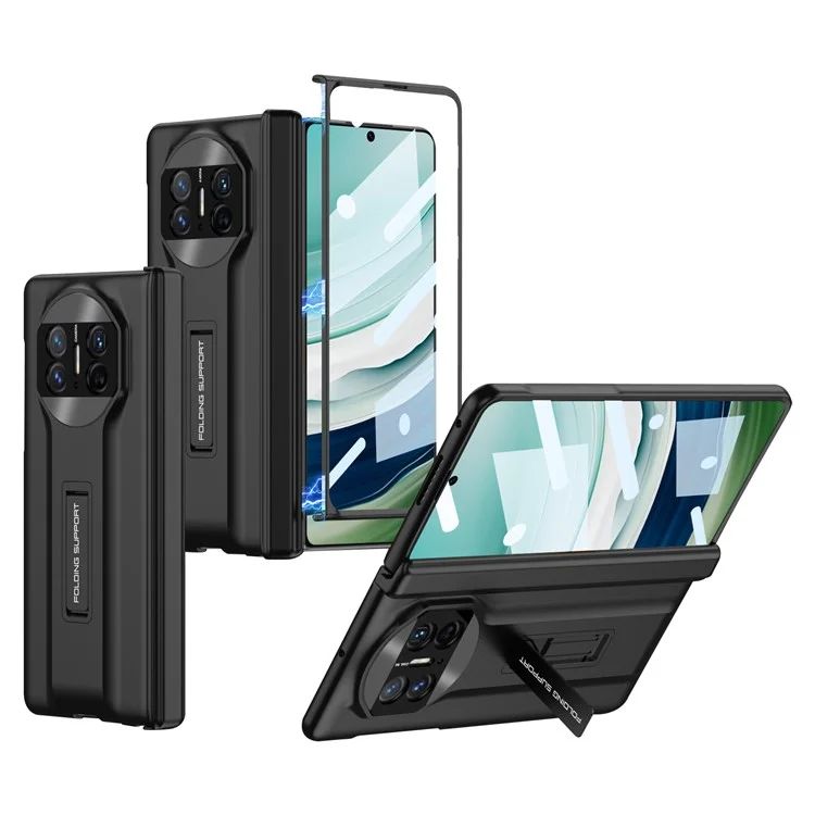 Жесткий ПК-чехол GKK для Huawei Mate X5 с подставкой и закаленной стеклянной пленкой - черный
