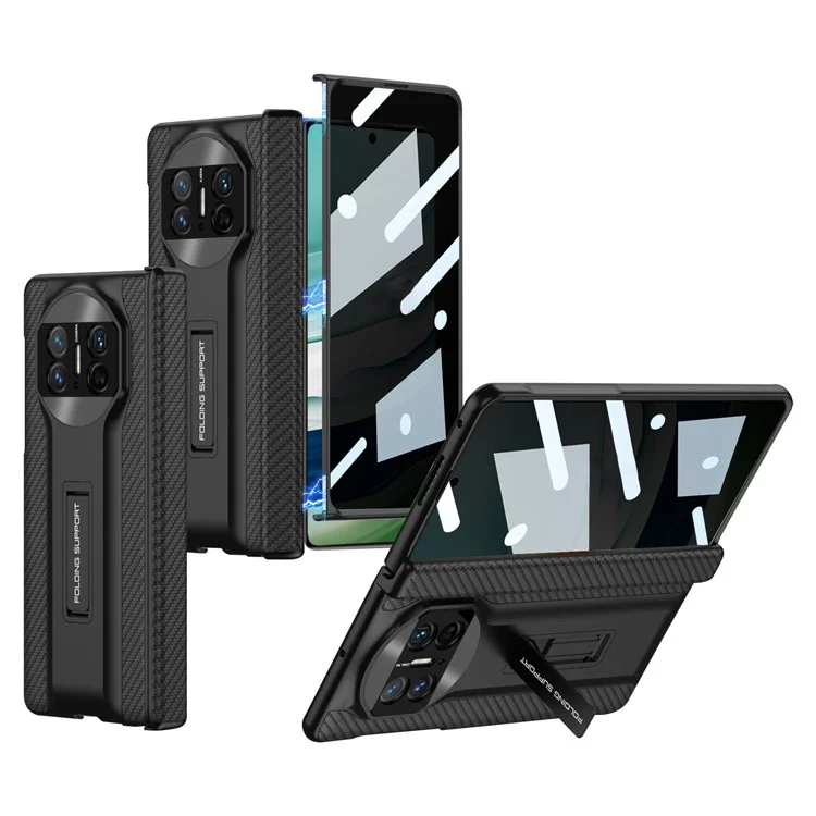 GKK para la funda del Huawei Mate X5 Bisagra magnética Soporte Cubierta de PC+PU del teléfono con película protectora de vidrio templado anti-espionaje - Fibra de carbono