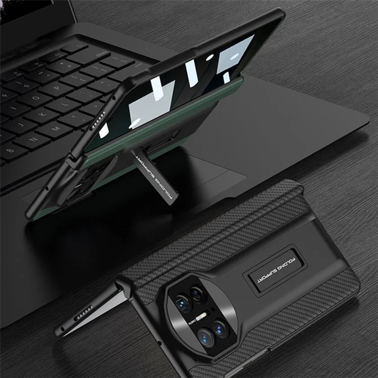 GKK para la funda del Huawei Mate X5 Bisagra magnética Soporte Cubierta de PC+PU del teléfono con película protectora de vidrio templado anti-espionaje - Fibra de carbono
