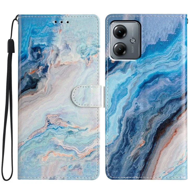 Per Motorola Moto G54 5G Case PU Leather Pattern Printing Stand Protective Phone Cover - Blue Marble