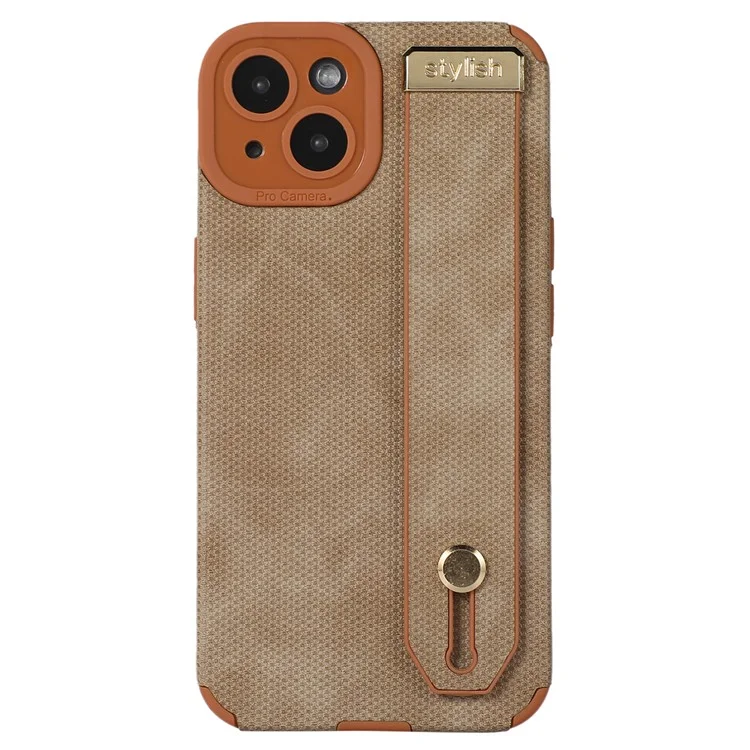 Morandi Style for iPhone 14 Plus Case TPU+PU Leather Wristband Kickstand Phone Cover - Brown