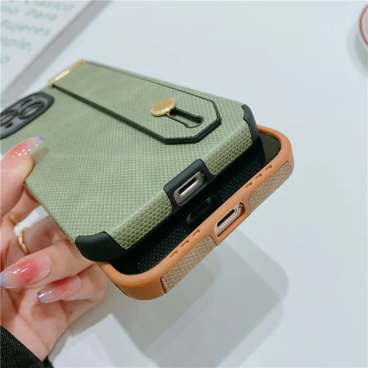 Morandi Style for iPhone 14 Plus Case TPU+PU Leather Wristband Kickstand Phone Cover - Brown