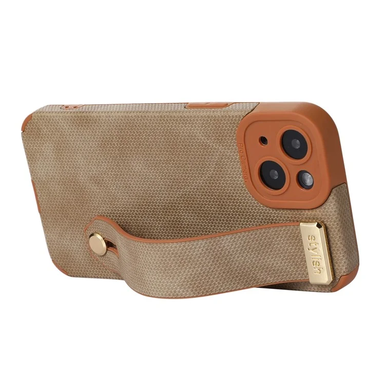 Morandi Style for iPhone 14 Plus Case TPU+PU Leather Wristband Kickstand Phone Cover - Brown