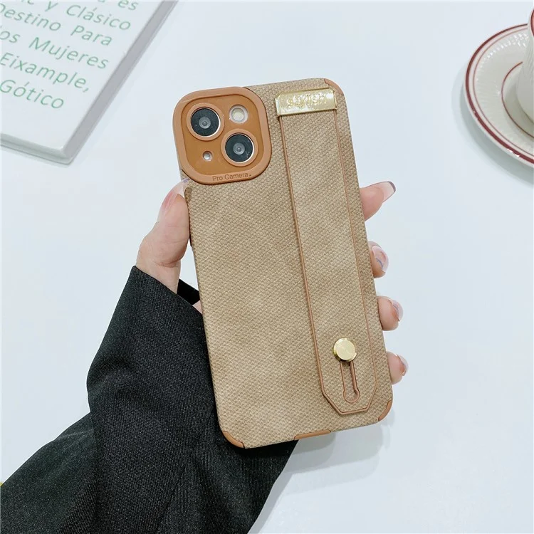 Morandi Style for iPhone 14 Plus Case TPU+PU Leather Wristband Kickstand Phone Cover - Brown