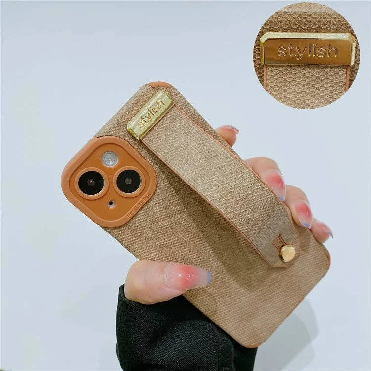Morandi Style for iPhone 14 Plus Case TPU+PU Leather Wristband Kickstand Phone Cover - Brown