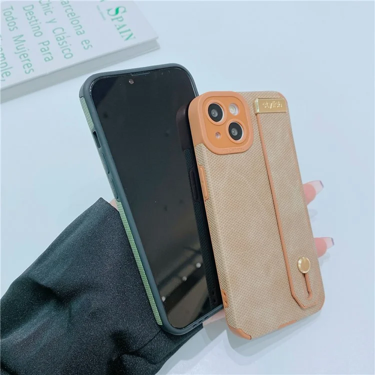 Morandi Style for iPhone 14 Plus Case TPU+PU Leather Wristband Kickstand Phone Cover - Brown