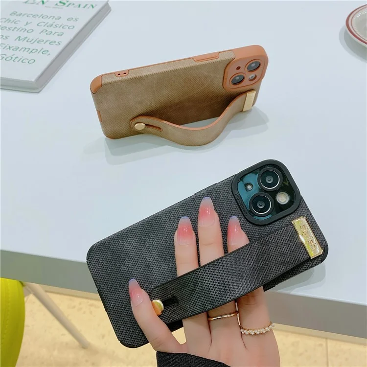 Morandi Style for iPhone 14 Plus Case TPU+PU Leather Wristband Kickstand Phone Cover - Brown