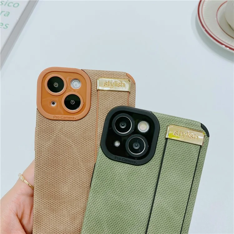 Morandi Style for iPhone 14 Plus Case TPU+PU Leather Wristband Kickstand Phone Cover - Brown