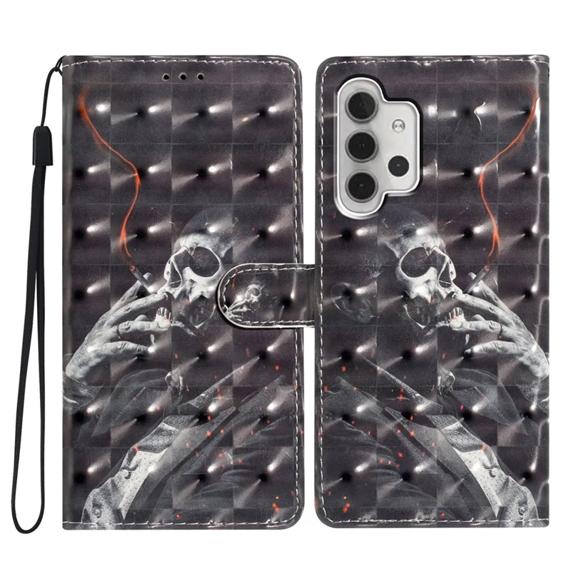 For Samsung Galaxy A13 4G Case 3D Pattern Printing PU Leather Walle Phone Cover with Strap - Smoking Skeleton
