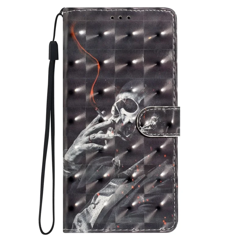 For Samsung Galaxy A13 4G Case 3D Pattern Printing PU Leather Walle Phone Cover with Strap - Smoking Skeleton