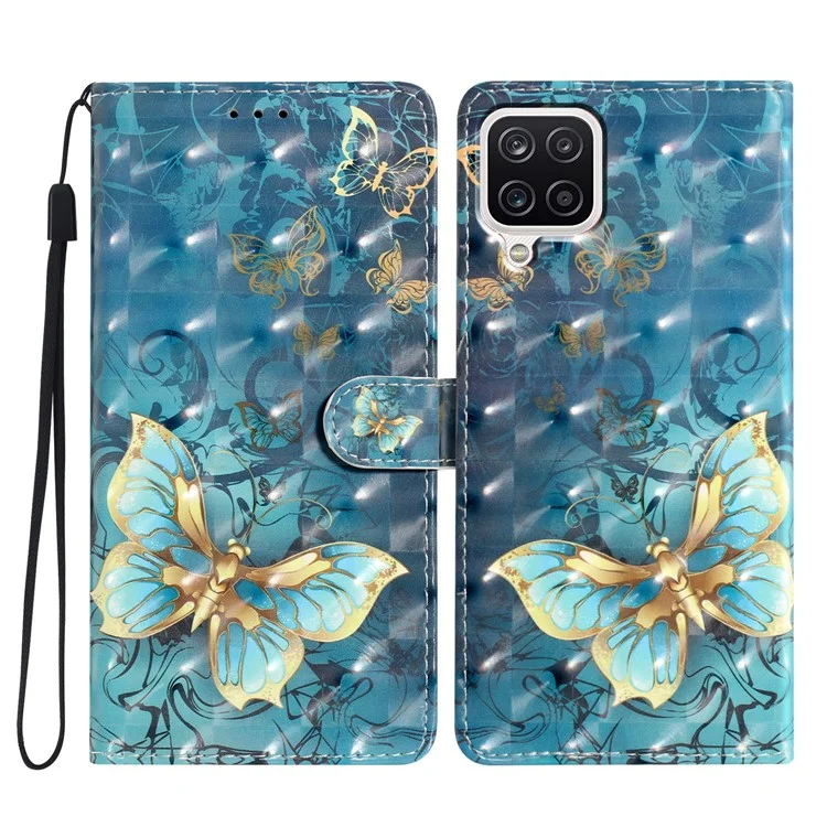 Para o Samsung Galaxy A12 Case Wallet PU Leather 3D Pattern Phone Cover com Alça - Borboleta