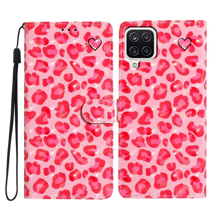 For Samsung Galaxy A12 Case Wallet PU Leather 3D Pattern Phone Cover with Strap - Pink Leopard Print