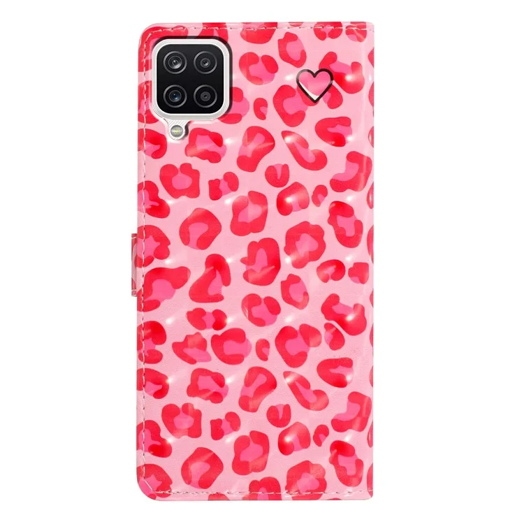 For Samsung Galaxy A12 Case Wallet PU Leather 3D Pattern Phone Cover with Strap - Pink Leopard Print