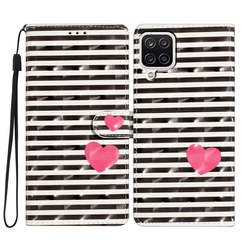 For Samsung Galaxy A12 Case Wallet PU Leather 3D Pattern Phone Cover with Strap - Stripes / Heart