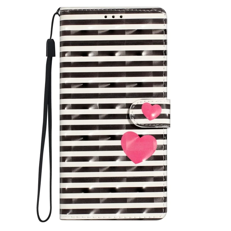 For Samsung Galaxy A12 Case Wallet PU Leather 3D Pattern Phone Cover with Strap - Stripes / Heart