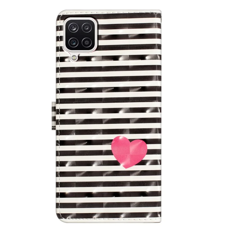 For Samsung Galaxy A12 Case Wallet PU Leather 3D Pattern Phone Cover with Strap - Stripes / Heart