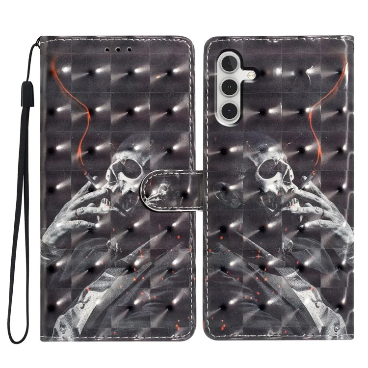 For Samsung Galaxy A15 5G Case Wallet PU Leather 3D Pattern Printed Phone Cover - Smoking Skeleton