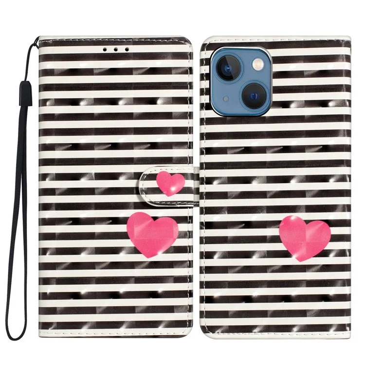 Para iPhone 15 Caso de Couro PU 3D Padrão de Impressão Carteira Flip Phone Cover - Listras / Coração