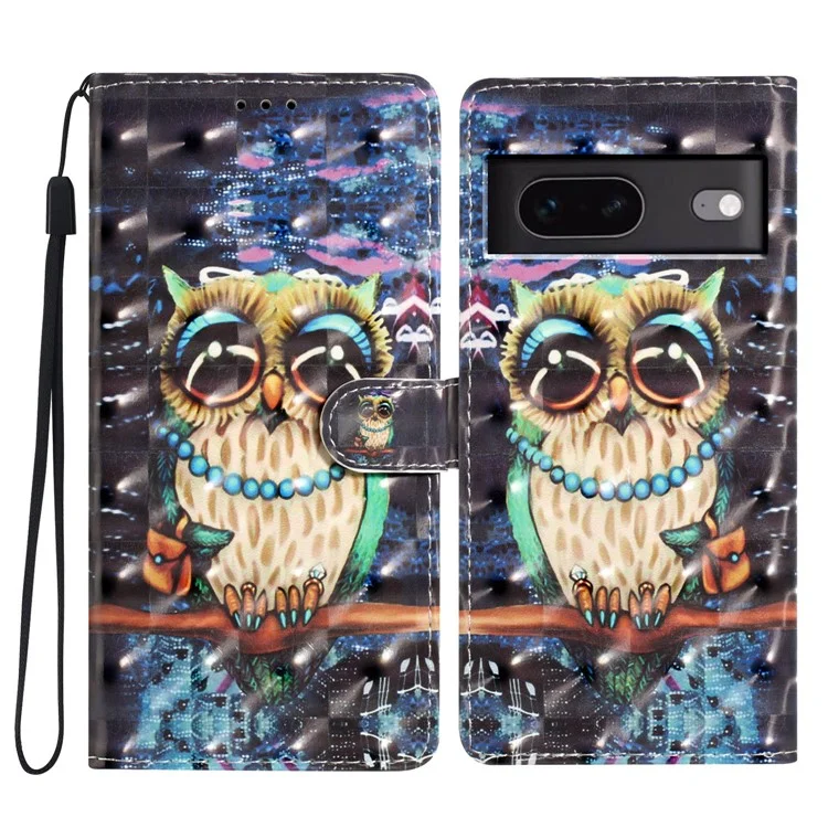 Para Google Pixel 7 5G Case 3D Pattern PU Leather Wallet Phone Cover - Owl
