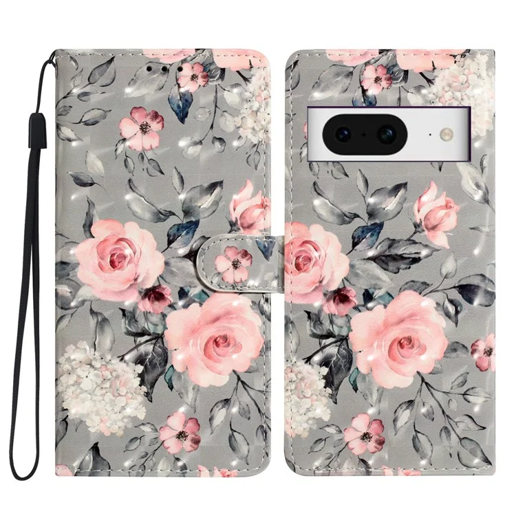 Per Google Pixel 8 Case Flip Wallet PU Leather 3D Pattern Printed Phone Cover - Flowers
