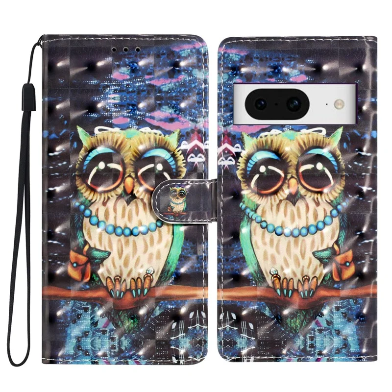 For Google Pixel 8 Case Flip Wallet PU Leather 3D Pattern Printed Phone Cover - Owl