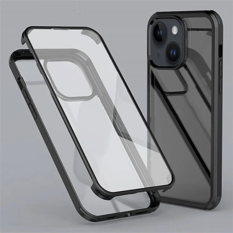 For iPhone 15 Plus Double-Sided Case Tempered Glass + Silicone Frame Phone Cover - Black