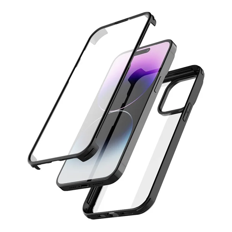 For iPhone 15 Plus Double-Sided Case Tempered Glass + Silicone Frame Phone Cover - Black