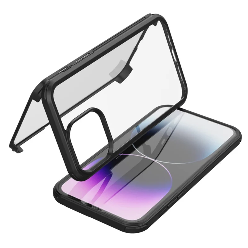 For iPhone 15 Plus Double-Sided Case Tempered Glass + Silicone Frame Phone Cover - Black