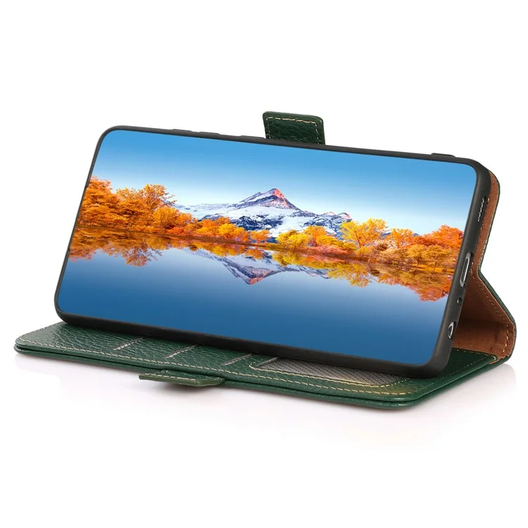 KHAZNEH Para Samsung Galaxy A05s 4G Case Genuine Cow Leather Phone Cover Wallet Stand RFID Blocking Shell - Verde