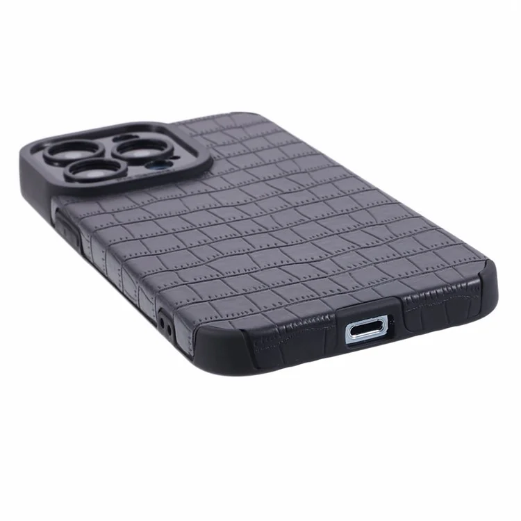 Funda para iPhone 14 Pro Textura de Cocodrilo PU Cuero+TPU Cubierta Trasera del Teléfono - Negro