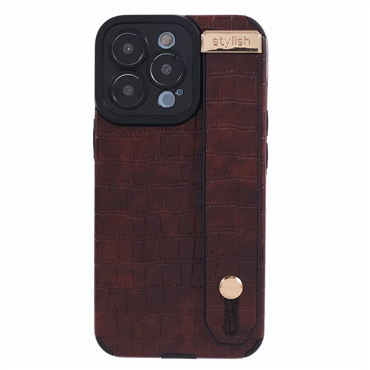Funda para iPhone 13 Pro de Textura de Cocodrilo PU Cuero+TPU Cubierta de Teléfono con Muñequera - Rojo