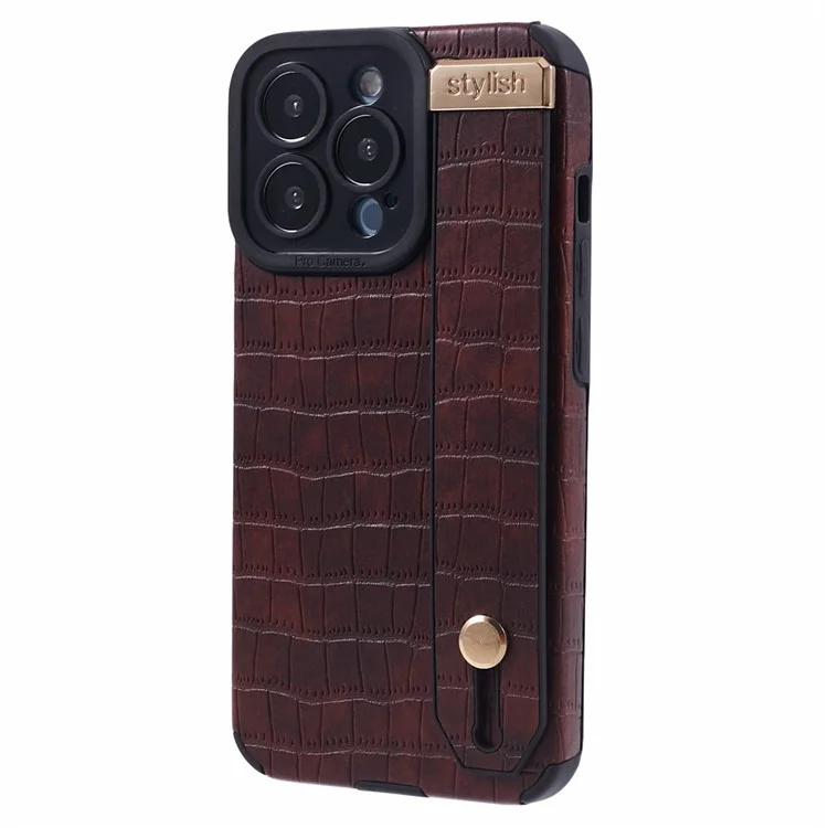Funda para iPhone 13 Pro de Textura de Cocodrilo PU Cuero+TPU Cubierta de Teléfono con Muñequera - Rojo