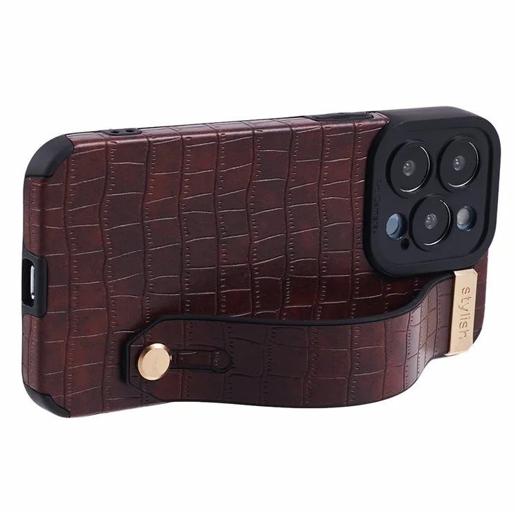 Funda para iPhone 13 Pro de Textura de Cocodrilo PU Cuero+TPU Cubierta de Teléfono con Muñequera - Rojo