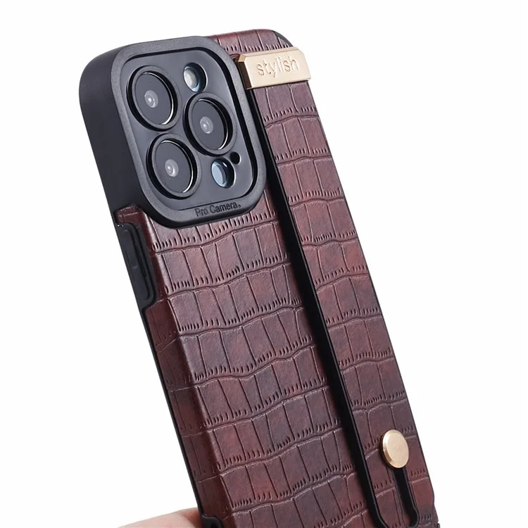 Funda para iPhone 13 Pro de Textura de Cocodrilo PU Cuero+TPU Cubierta de Teléfono con Muñequera - Rojo