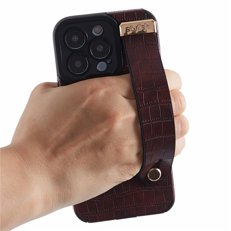 Para iPhone 13 Pro Max Case Crocodile Texture Wristband Shell PU Leather+TPU Phone Cover - Vermelho
