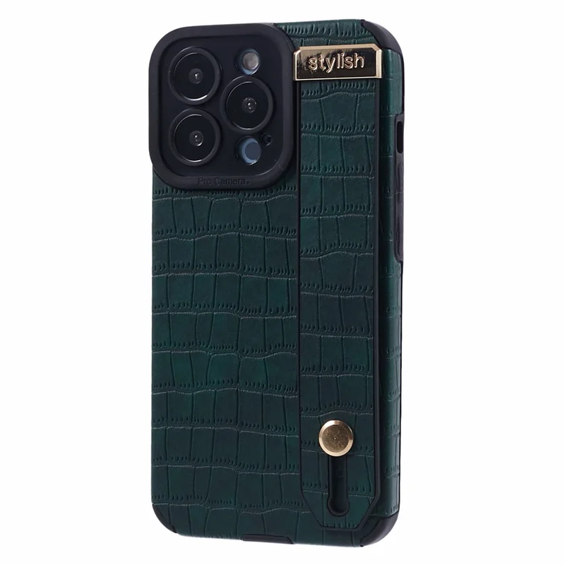 Voor iPhone 13 Pro Max Hoesje Krokodillenstructuur Polsbandje Shell PU Leer+TPU Telefoonhoesje - Groen