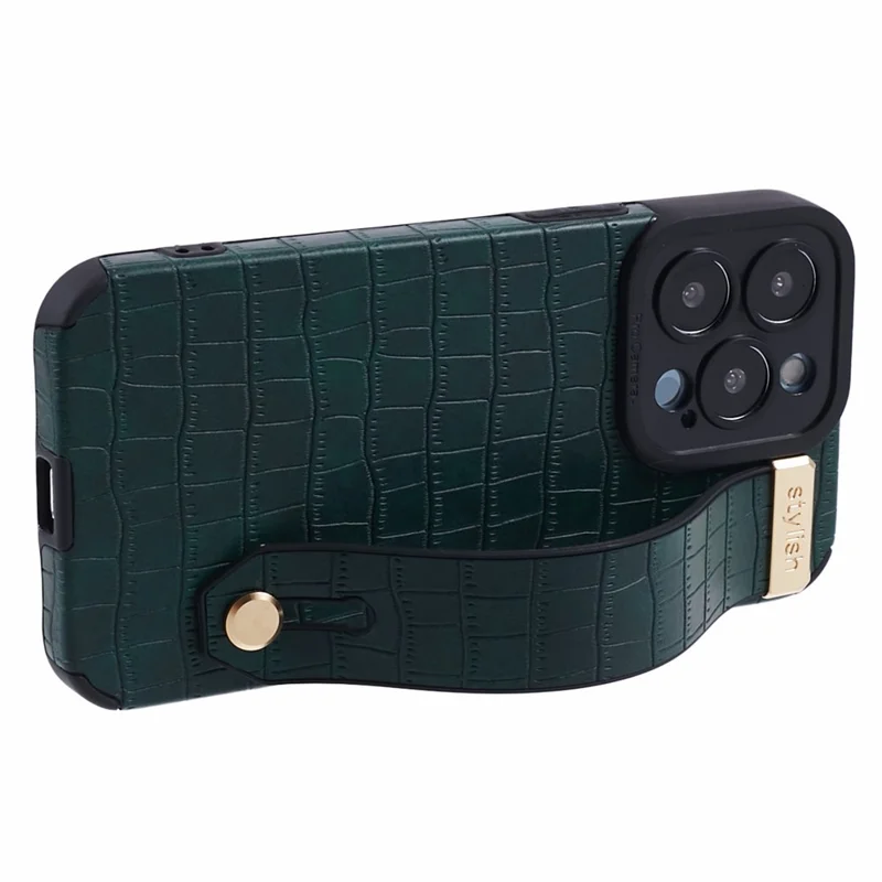 Voor iPhone 13 Pro Max Hoesje Krokodillenstructuur Polsbandje Shell PU Leer+TPU Telefoonhoesje - Groen