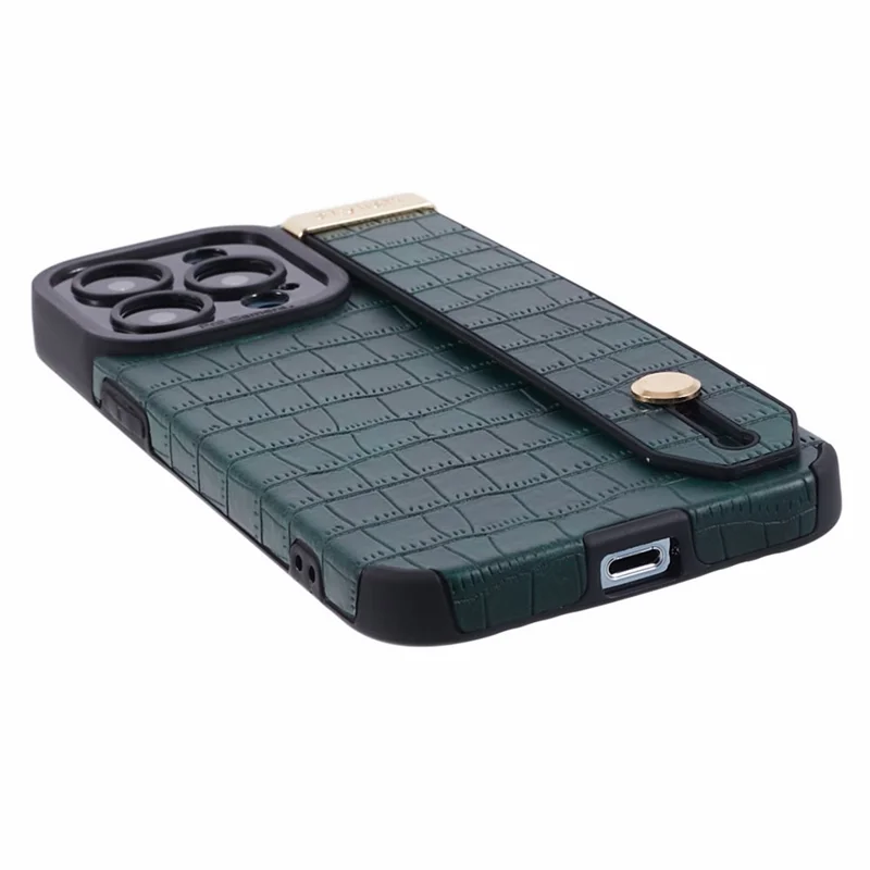 Voor iPhone 13 Pro Max Hoesje Krokodillenstructuur Polsbandje Shell PU Leer+TPU Telefoonhoesje - Groen