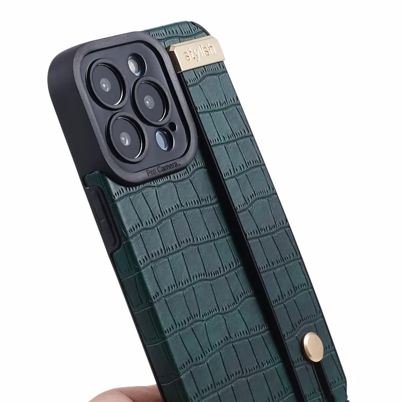 Voor iPhone 13 Pro Max Hoesje Krokodillenstructuur Polsbandje Shell PU Leer+TPU Telefoonhoesje - Groen
