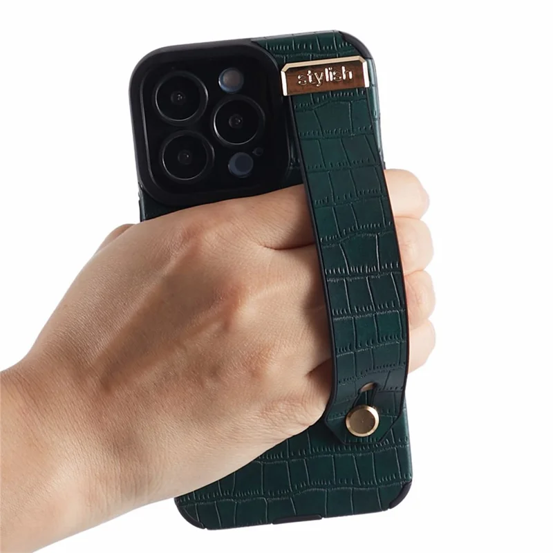 Voor iPhone 13 Pro Max Hoesje Krokodillenstructuur Polsbandje Shell PU Leer+TPU Telefoonhoesje - Groen