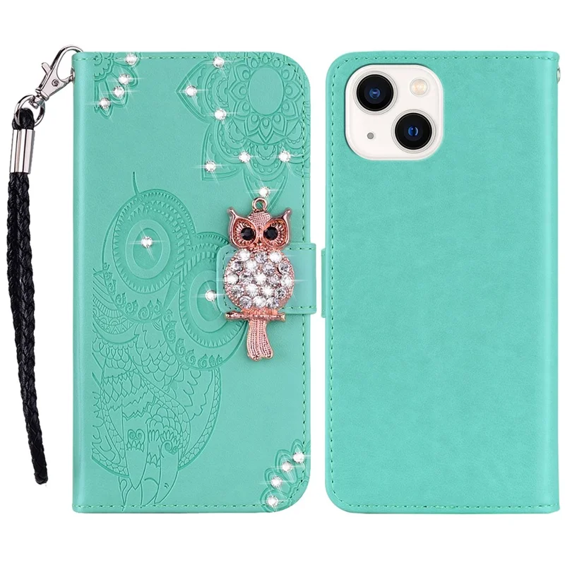 Für iPhone 15 Hülle Bedruckter Eule Blume Strass PU Leder Handyhülle - Cyan