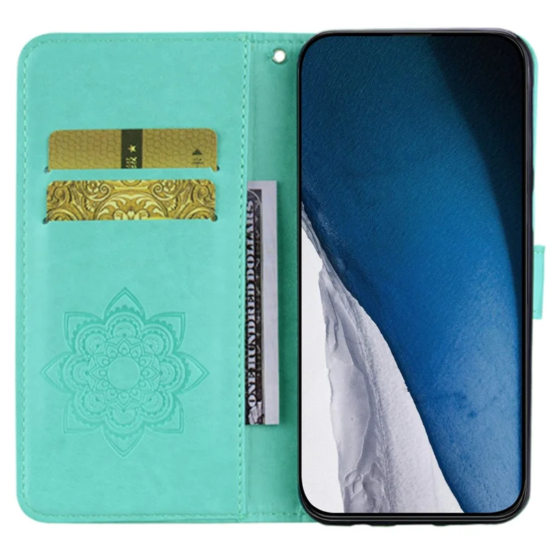 Für iPhone 15 Hülle Bedruckter Eule Blume Strass PU Leder Handyhülle - Cyan