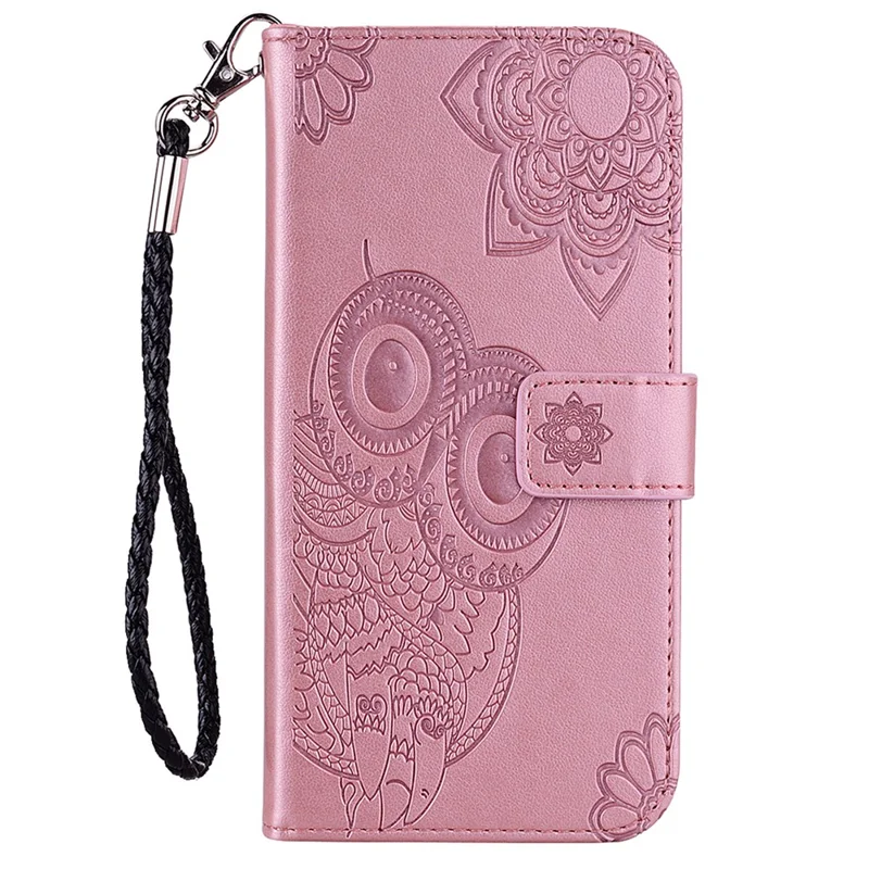 Para iPhone 15 Pro Case PU Leather Stand Owl Flower Imprinted Phone Wallet Cover - Rose Gold
