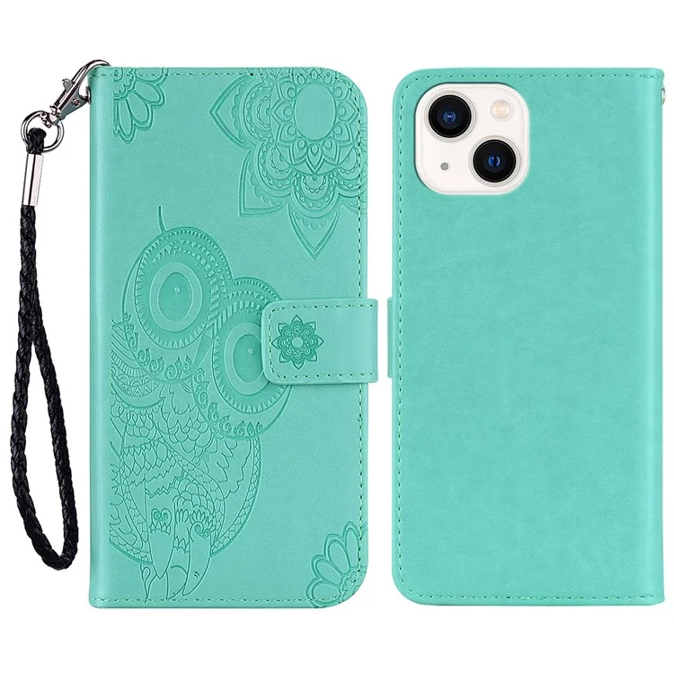 For iPhone 15 Plus Case Wallet Owl Imprinted PU Leather Phone Cover - Cyan