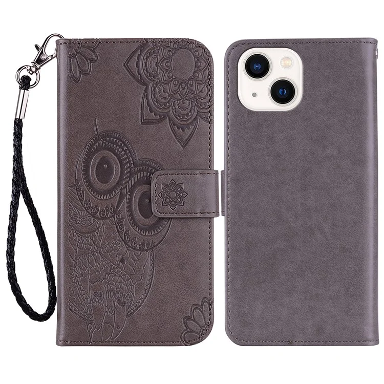 For iPhone 15 Plus Case Wallet Owl Imprinted PU Leather Phone Cover - Grey