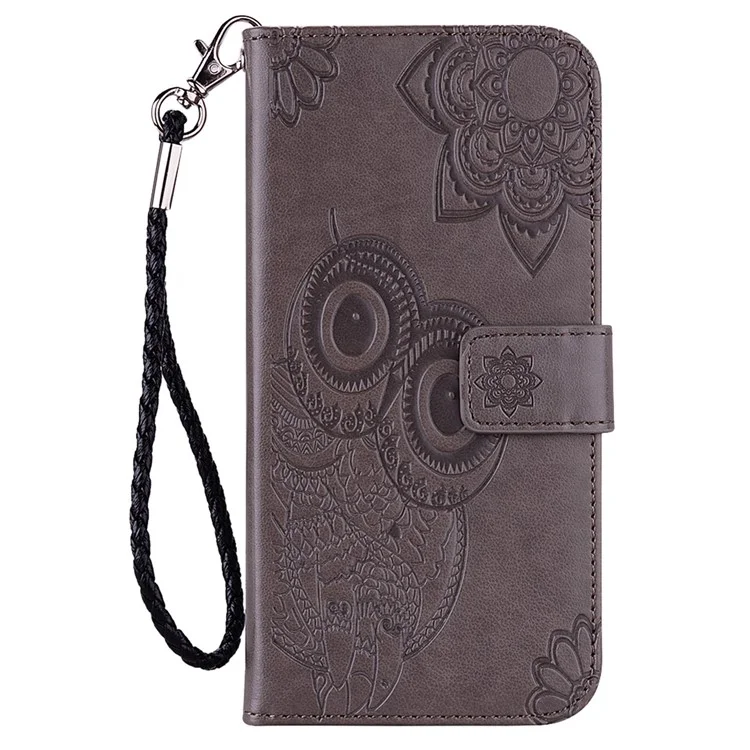 For iPhone 15 Plus Case Wallet Owl Imprinted PU Leather Phone Cover - Grey